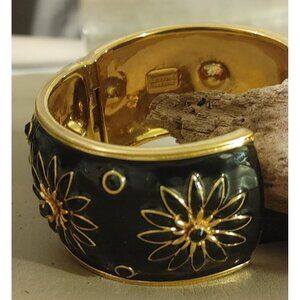 Gold & Black Clamp Enamel Floral Bangle Bracelet Large Statement Flowers